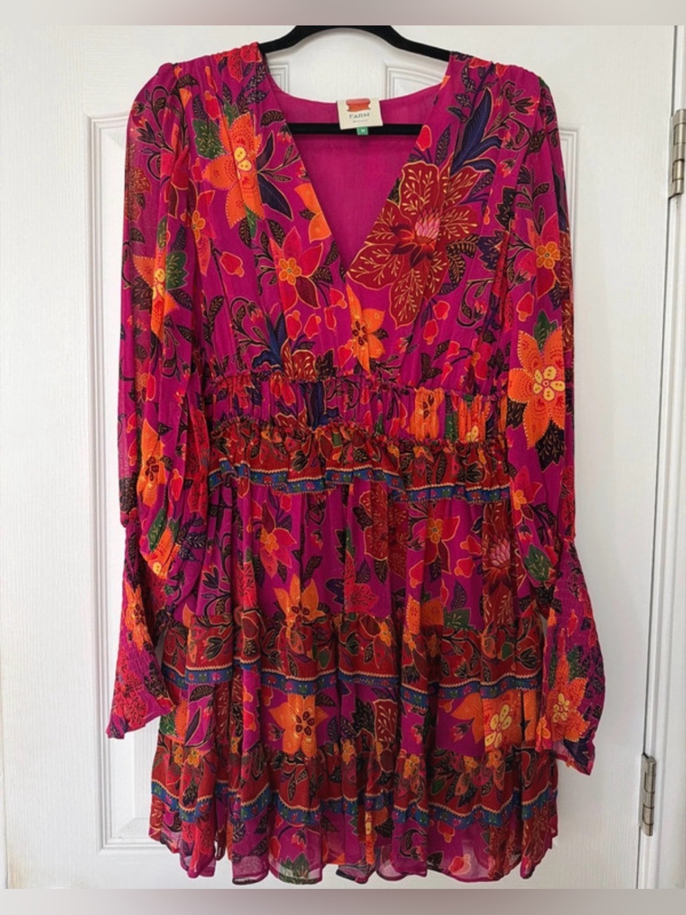 FARM Rio Fuchsia Floral Long-Sleeve Tiered Dress